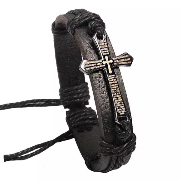 Other - NEW Leather Bracelet- Christian- Cross- Black